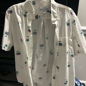 Old Navy White and Pink Casual Hawaiian Button Down Shirt